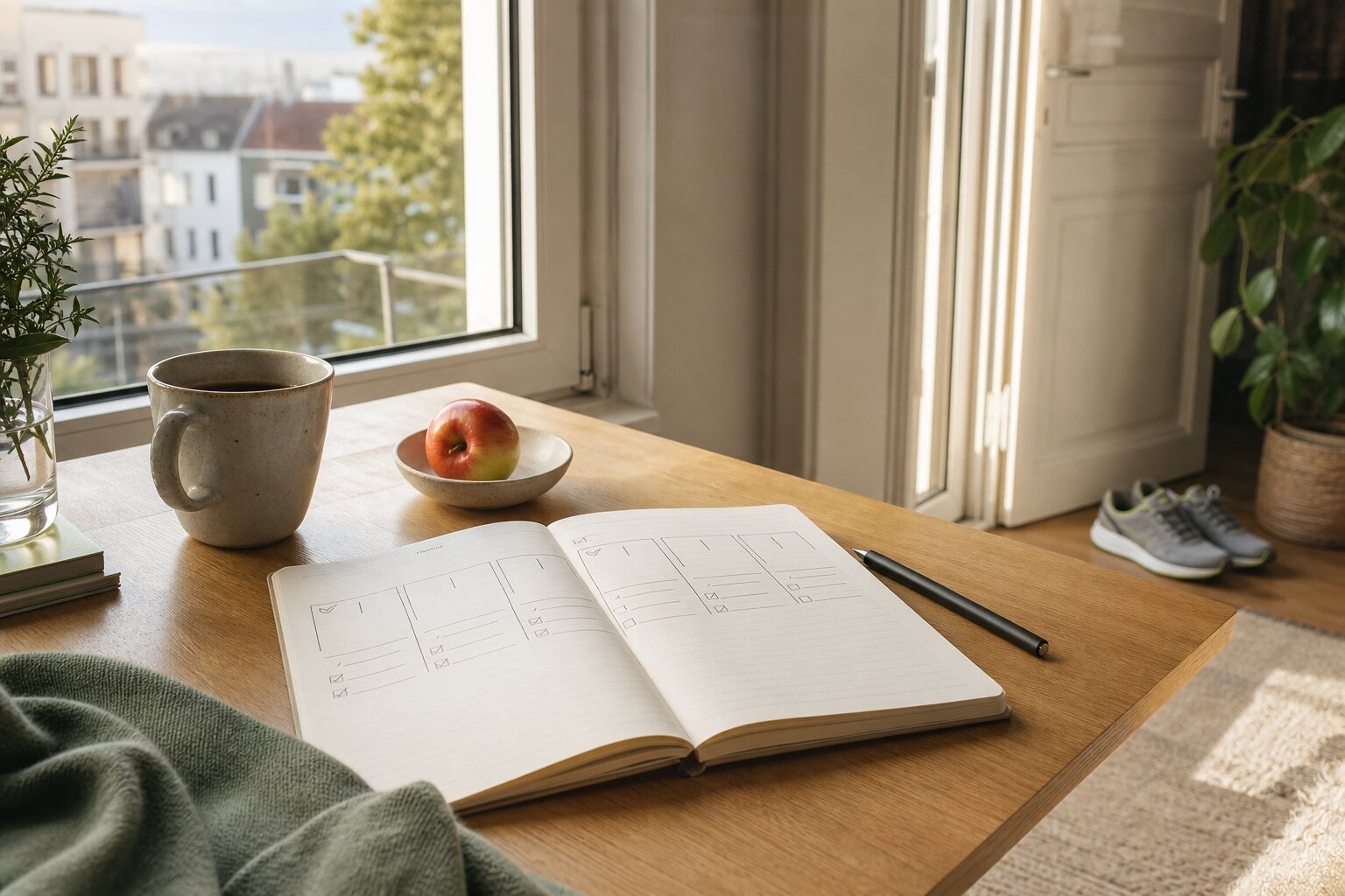Heller Frühstückstisch am Fenster mit Wochenplaner, Kaffee und Apfel, die Laufschuhe stehen bereit.