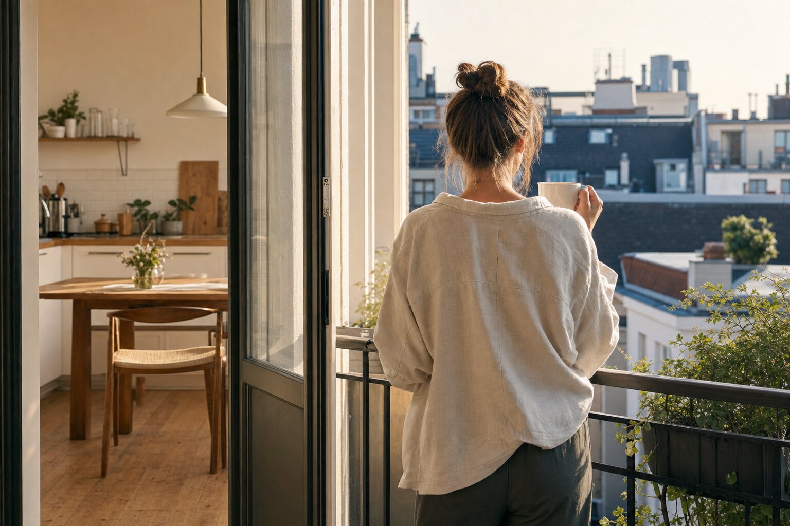 Frau steht entspannt mit einer Tasse auf dem Balkon und schaut über die Dächer, dahinter die helle Küche.